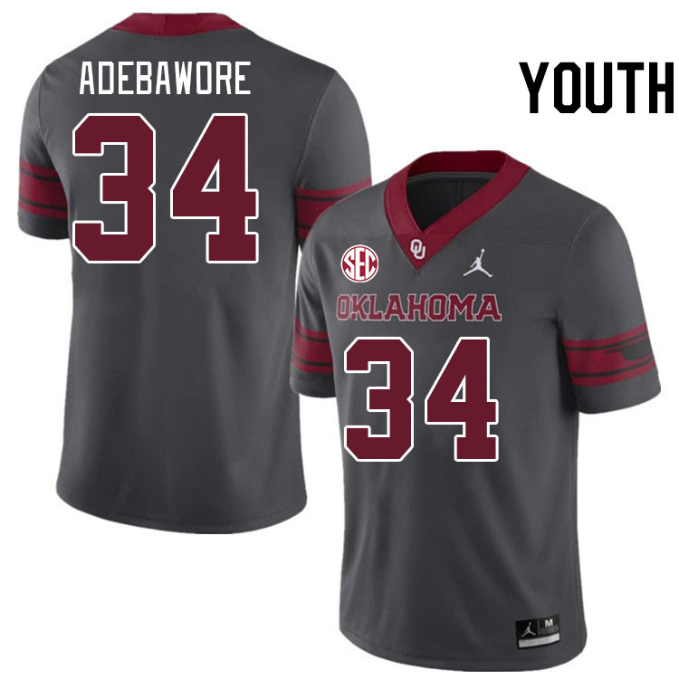 Youth #34 Adepoju Adebawore Oklahoma Sooners 2024 SEC Conference College Football Jerseys-Charcoal